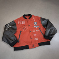 WHOLATE CONTRAST SLEEVE VARSITY JACKET; Dark Red; front view in a styled setting