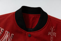 WHOLATE CONTRAST SLEEVE VARSITY JACKET; Dark Red; garment construction detail