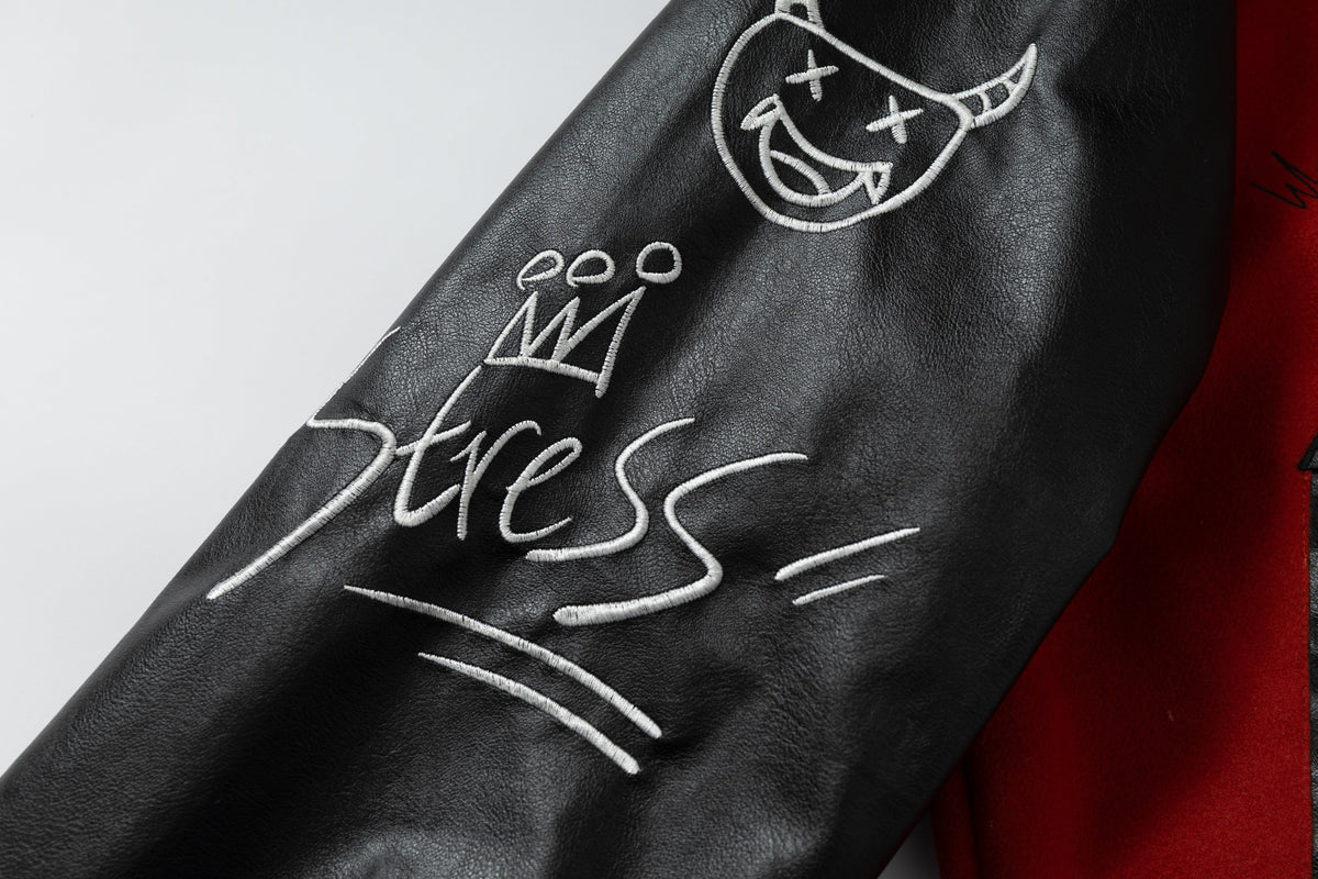 WHOLATE CONTRAST SLEEVE VARSITY JACKET; Dark Red; design detail