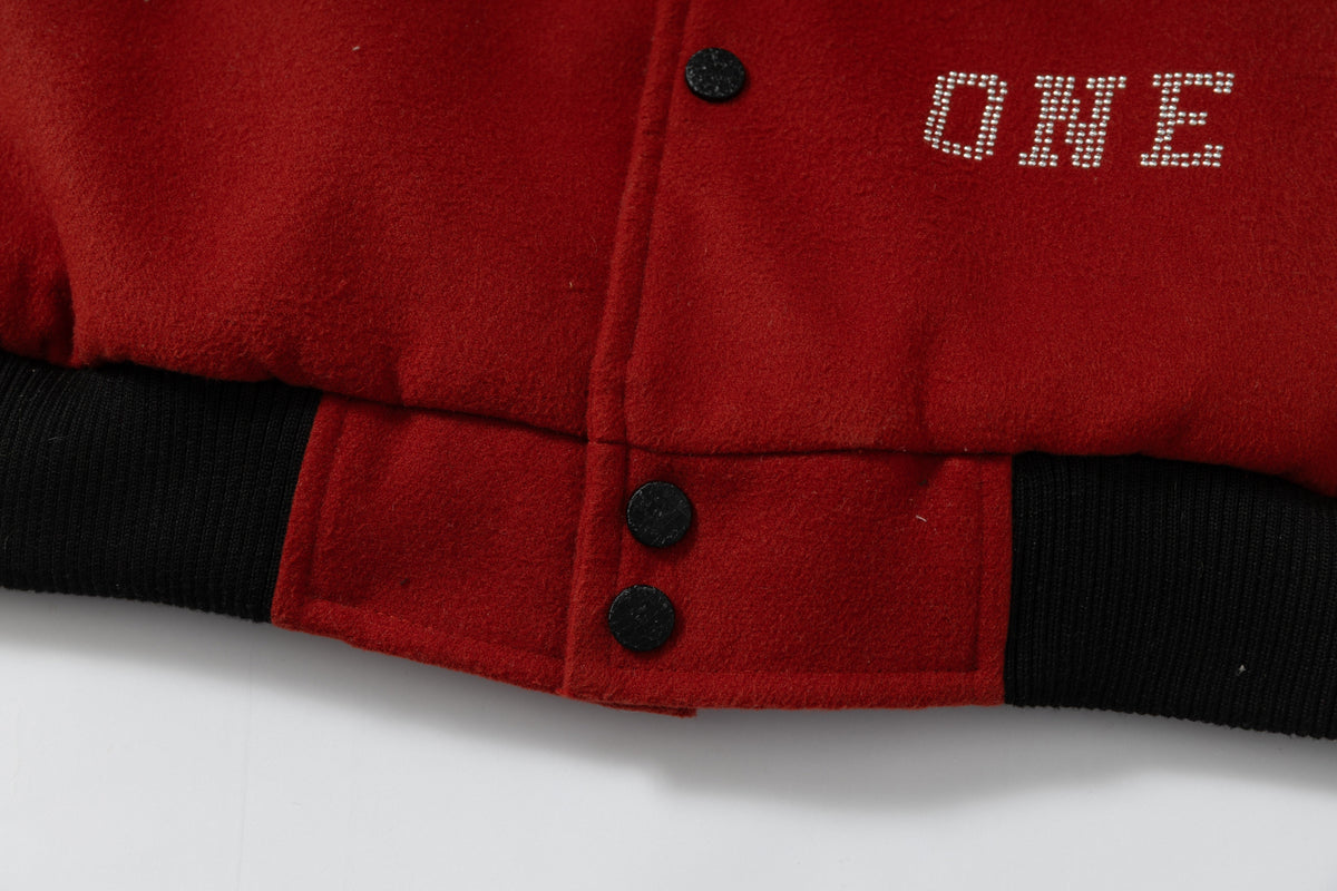 WHOLATE CONTRAST SLEEVE VARSITY JACKET; Dark Red; garment construction detail