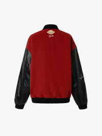 WHOLATE CONTRAST SLEEVE VARSITY JACKET; Dark Red; back view