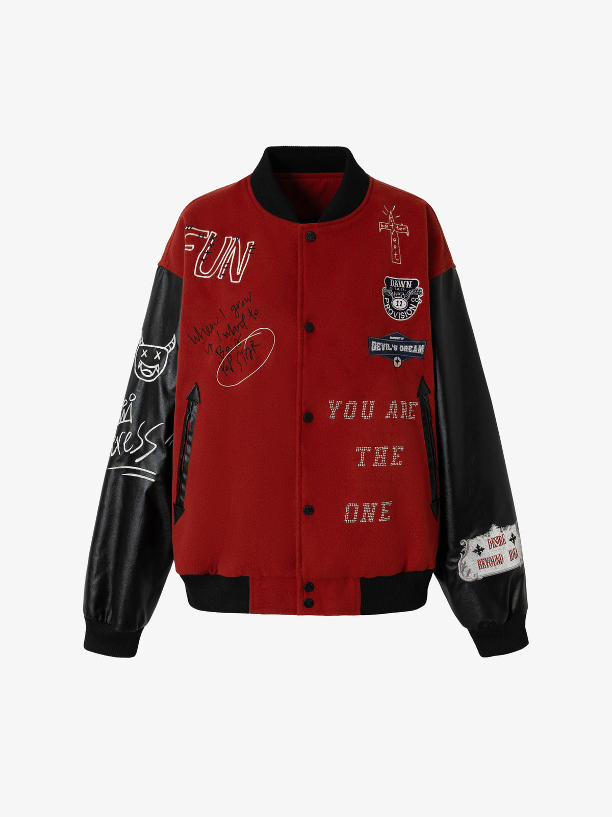 WHOLATE CONTRAST SLEEVE VARSITY JACKET; Dark Red; front view