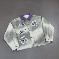WHOLATE EMBROIDERED PATCH VARSITY JACKET; Gray; front view in a styled setting
