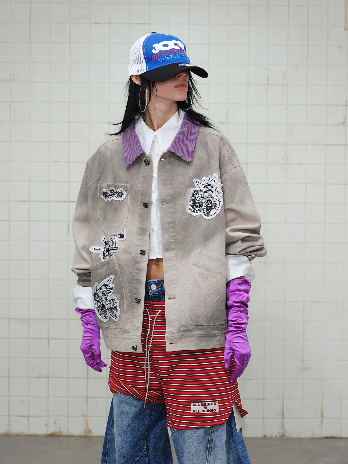 WHOLATE EMBROIDERED PATCH VARSITY JACKET; Gray; model view
