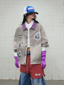 WHOLATE EMBROIDERED PATCH VARSITY JACKET; Gray; model view