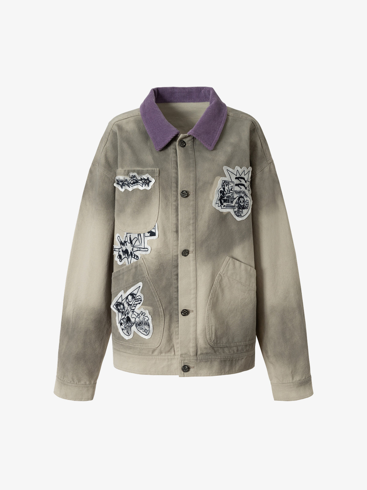 WHOLATE EMBROIDERED PATCH VARSITY JACKET; Gray; front view
