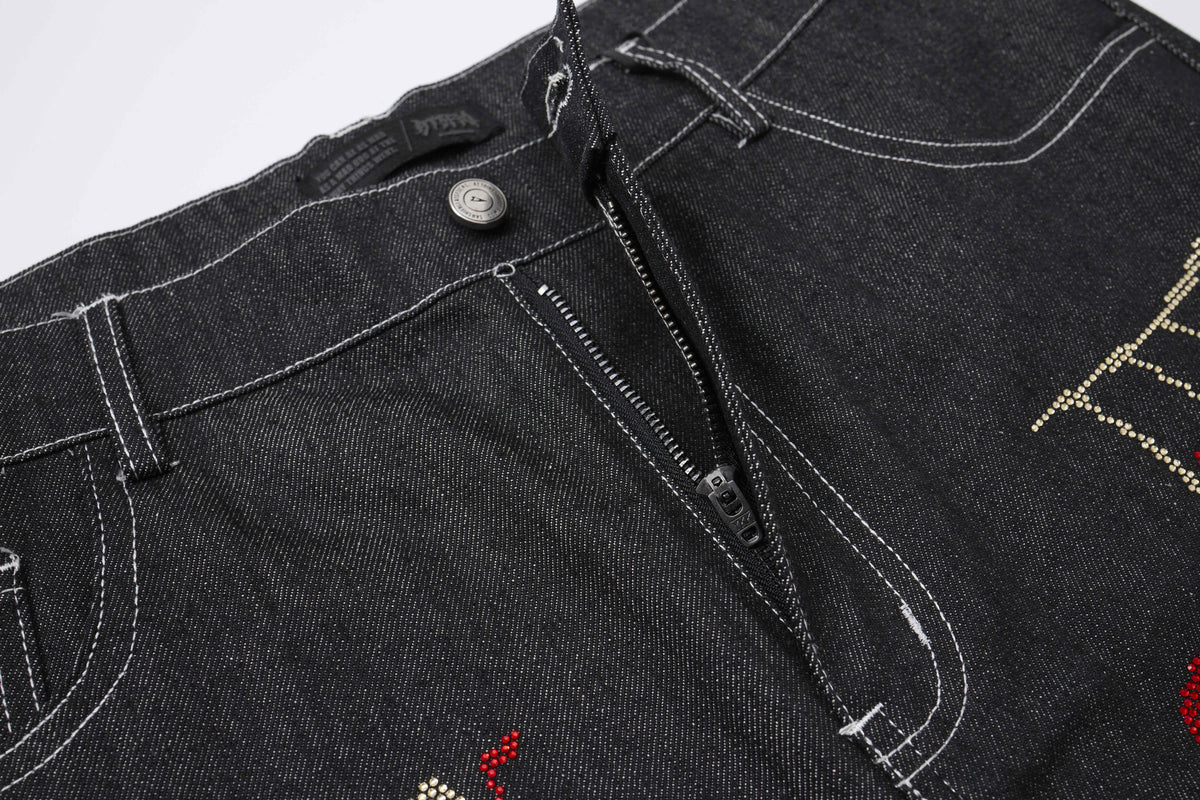ATSF30 DARK GRAFFITI EMBROIDERED JEANS; Black; garment construction detail