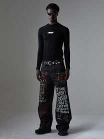ATSF30 DARK GRAFFITI EMBROIDERED JEANS; Black; model view
