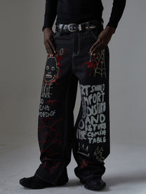 ATSF30 DARK GRAFFITI EMBROIDERED JEANS; Black; model view