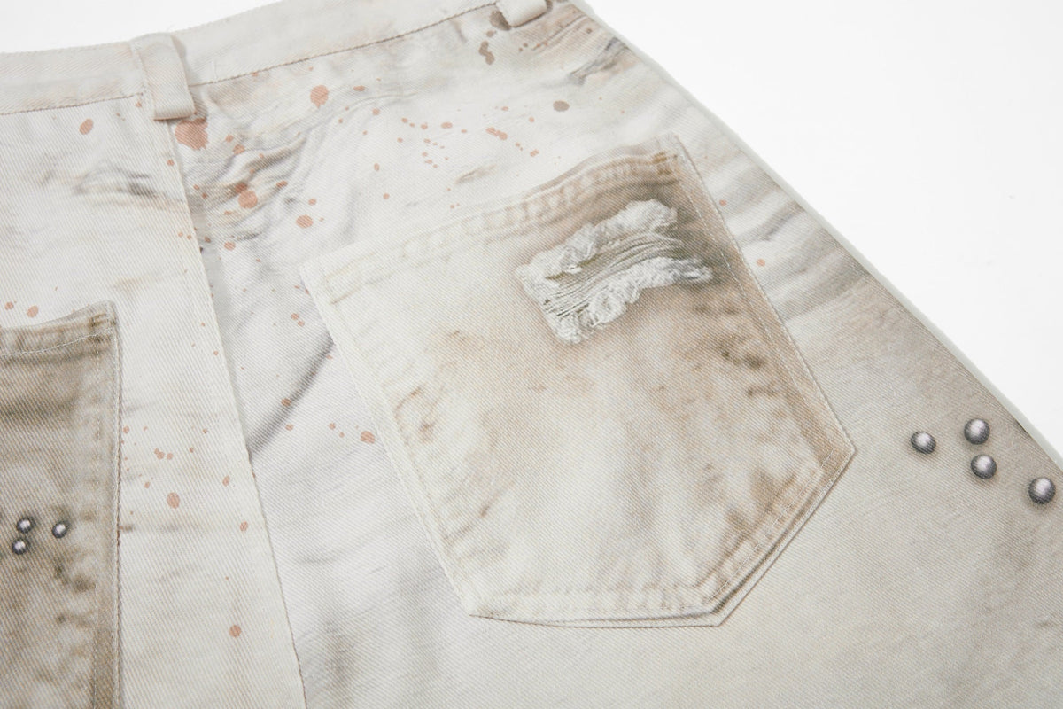 BF BORFEND BOTANICAL LINE PRINT JEANS; Apricot; design detail
