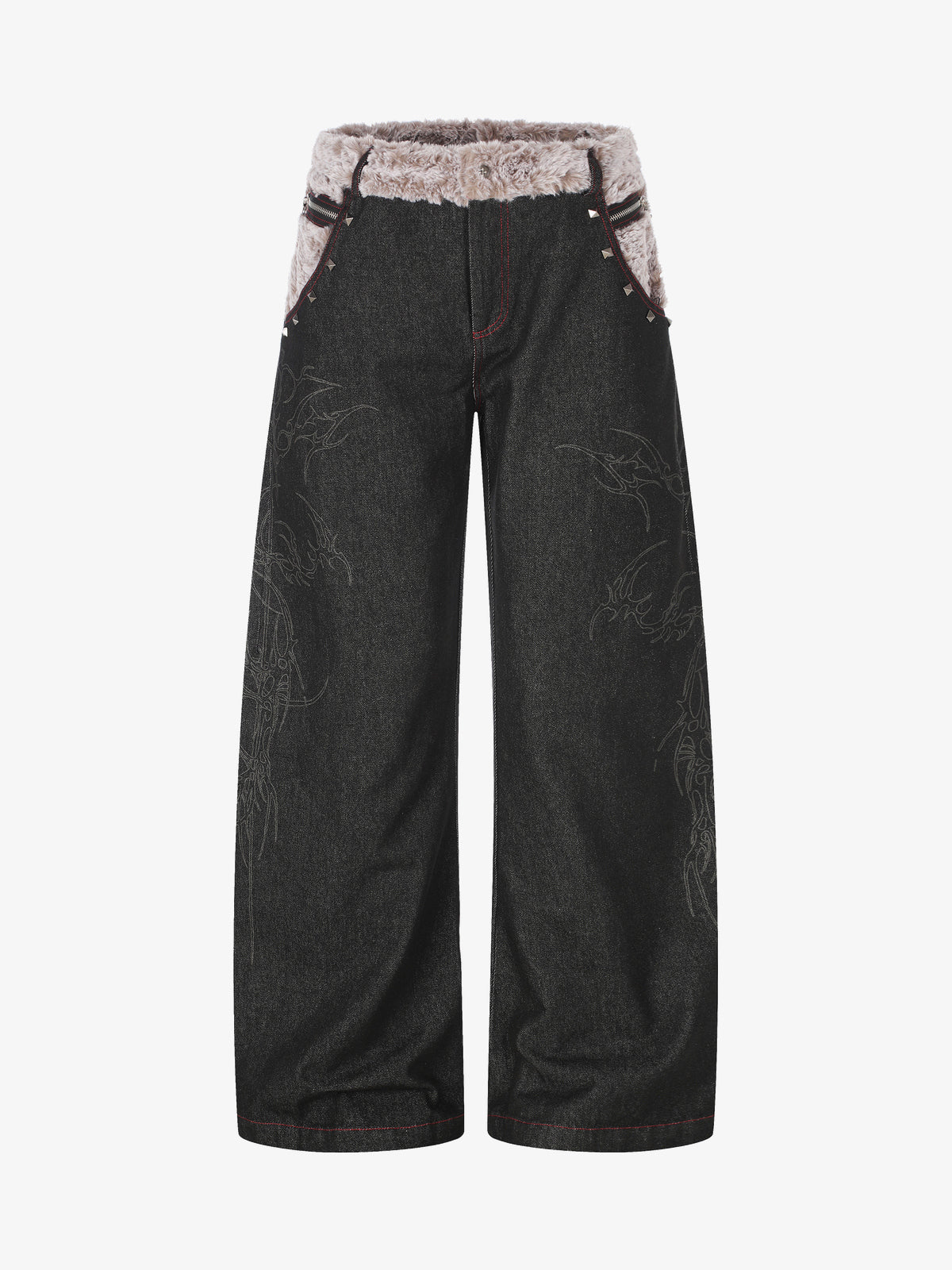 BLACK ENERGY STUDDED THORN PRINT JEANS; Black; back view