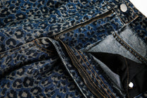 BLACK ENERGY LEOPARD PRINT BARREL JEANS; Blue; garment construction detail