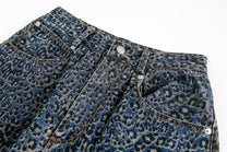 BLACK ENERGY LEOPARD PRINT BARREL JEANS; Blue; garment construction detail