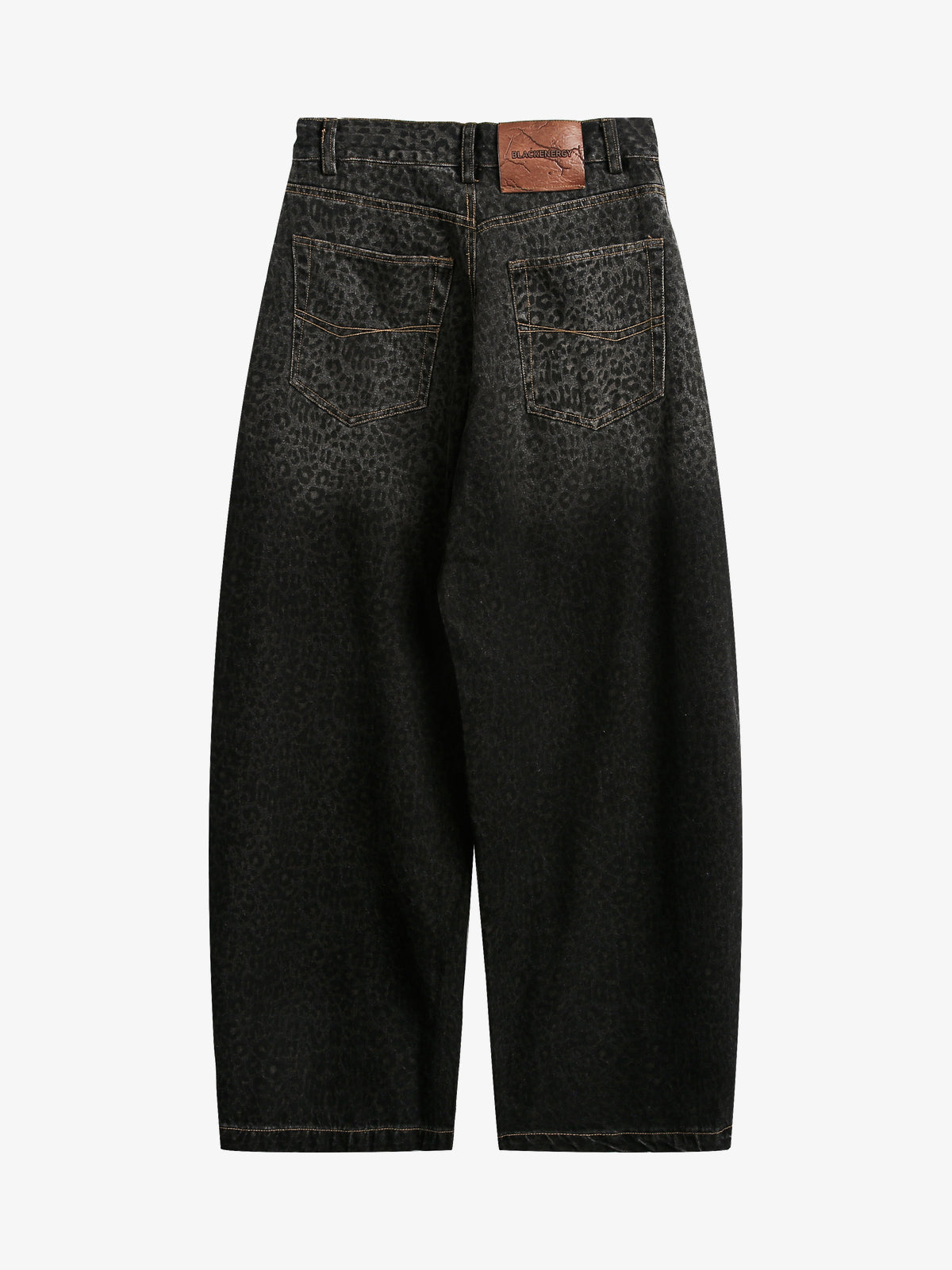 BLACK ENERGY LEOPARD PRINT BARREL JEANS; Black; back view
