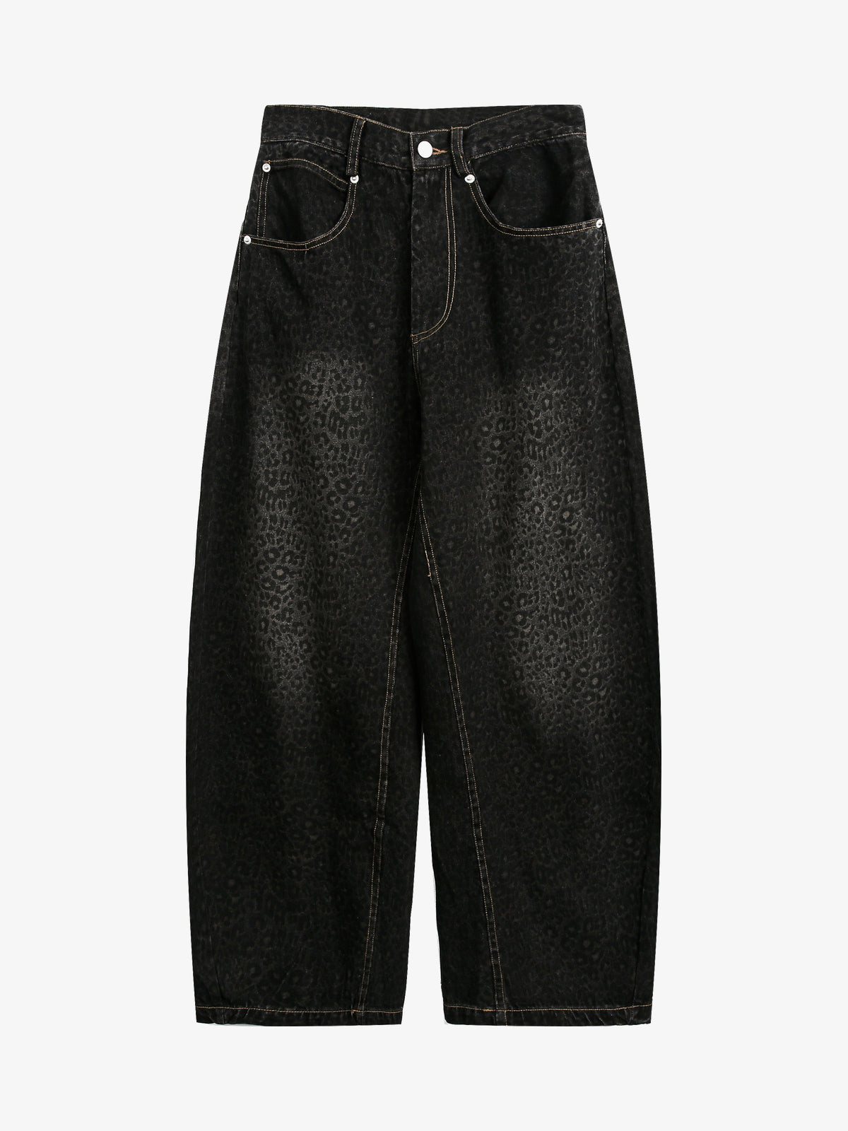 BLACK ENERGY LEOPARD PRINT BARREL JEANS; Black; front view