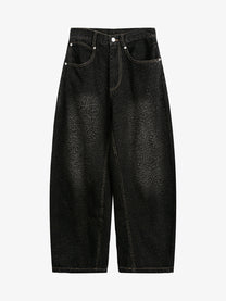 BLACK ENERGY LEOPARD PRINT BARREL JEANS; Black; front view