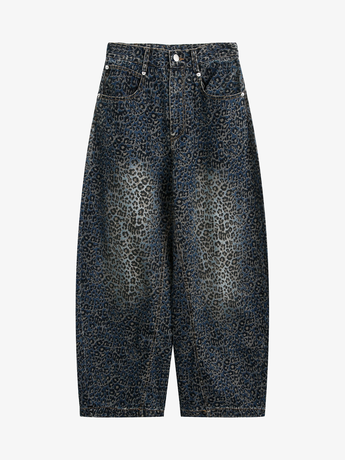BLACK ENERGY LEOPARD PRINT BARREL JEANS; Blue; front view