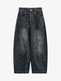 BLACK ENERGY LEOPARD PRINT BARREL JEANS; Blue; front view