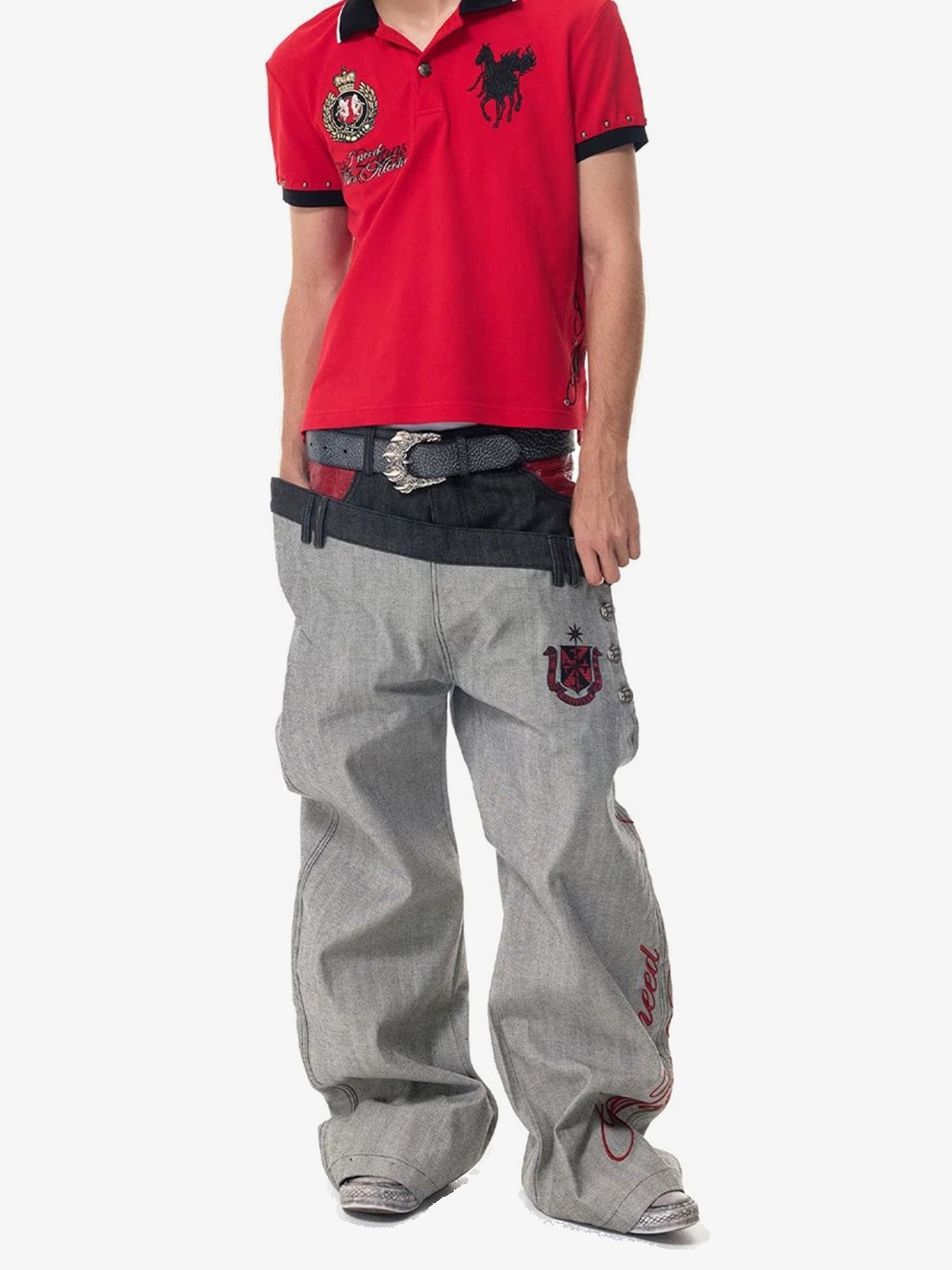 BLACK FOG ASYMMETRIC DOUBLE WAIST JEANS; Gray; model view