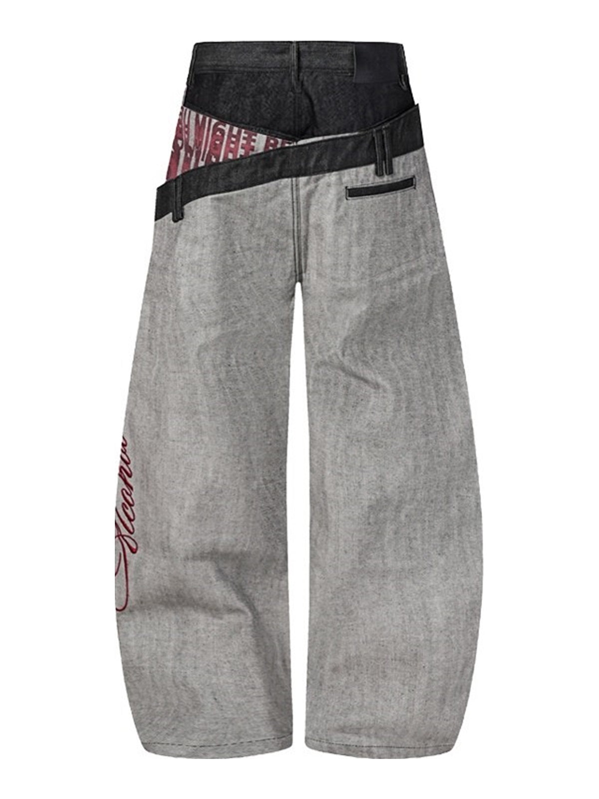 BLACK FOG ASYMMETRIC DOUBLE WAIST JEANS; Gray; back view