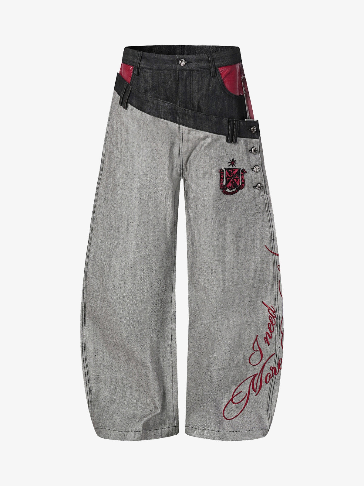 BLACK FOG ASYMMETRIC DOUBLE WAIST JEANS; Gray; front view