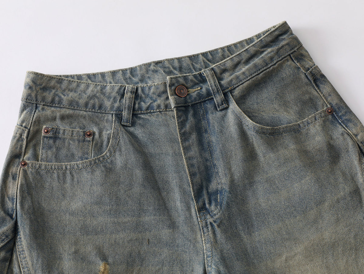 BLACK FOG DISTRESSED WASHED WIDE LEG JEANS; Blue; garment construction detail