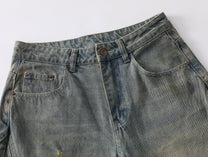 BLACK FOG DISTRESSED WASHED WIDE LEG JEANS; Blue; garment construction detail