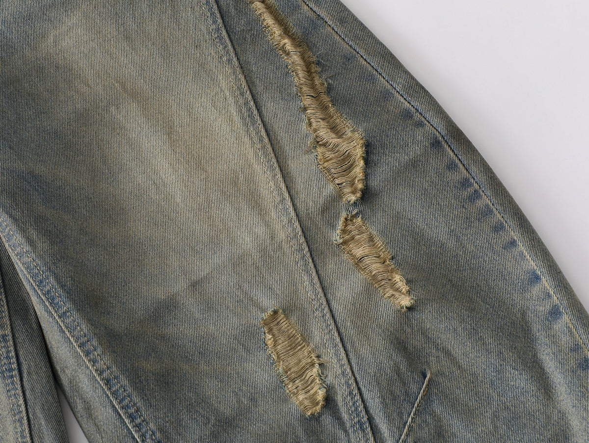 BLACK FOG DISTRESSED WASHED WIDE LEG JEANS; Blue; design detail