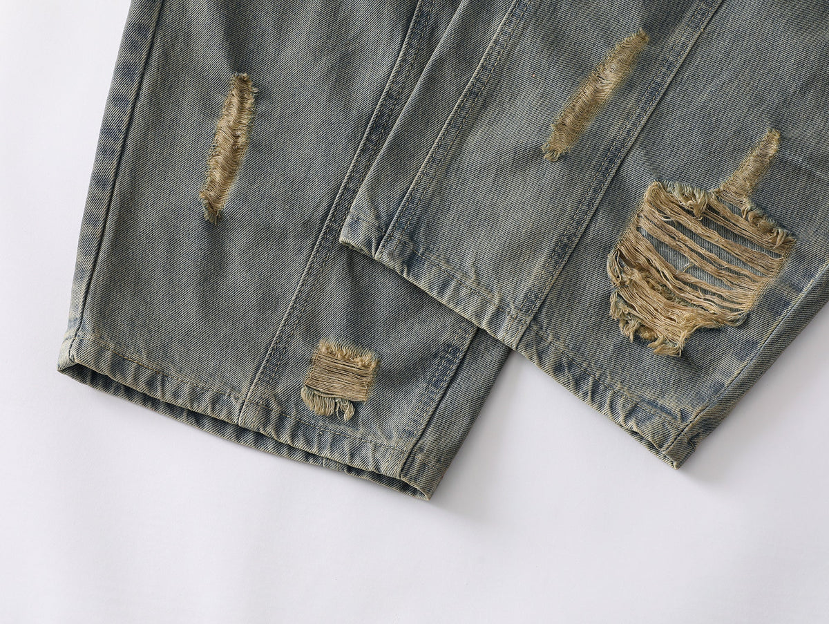 BLACK FOG DISTRESSED WASHED WIDE LEG JEANS; Blue; design detail