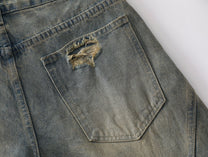 BLACK FOG DISTRESSED WASHED WIDE LEG JEANS; Blue; garment construction detail