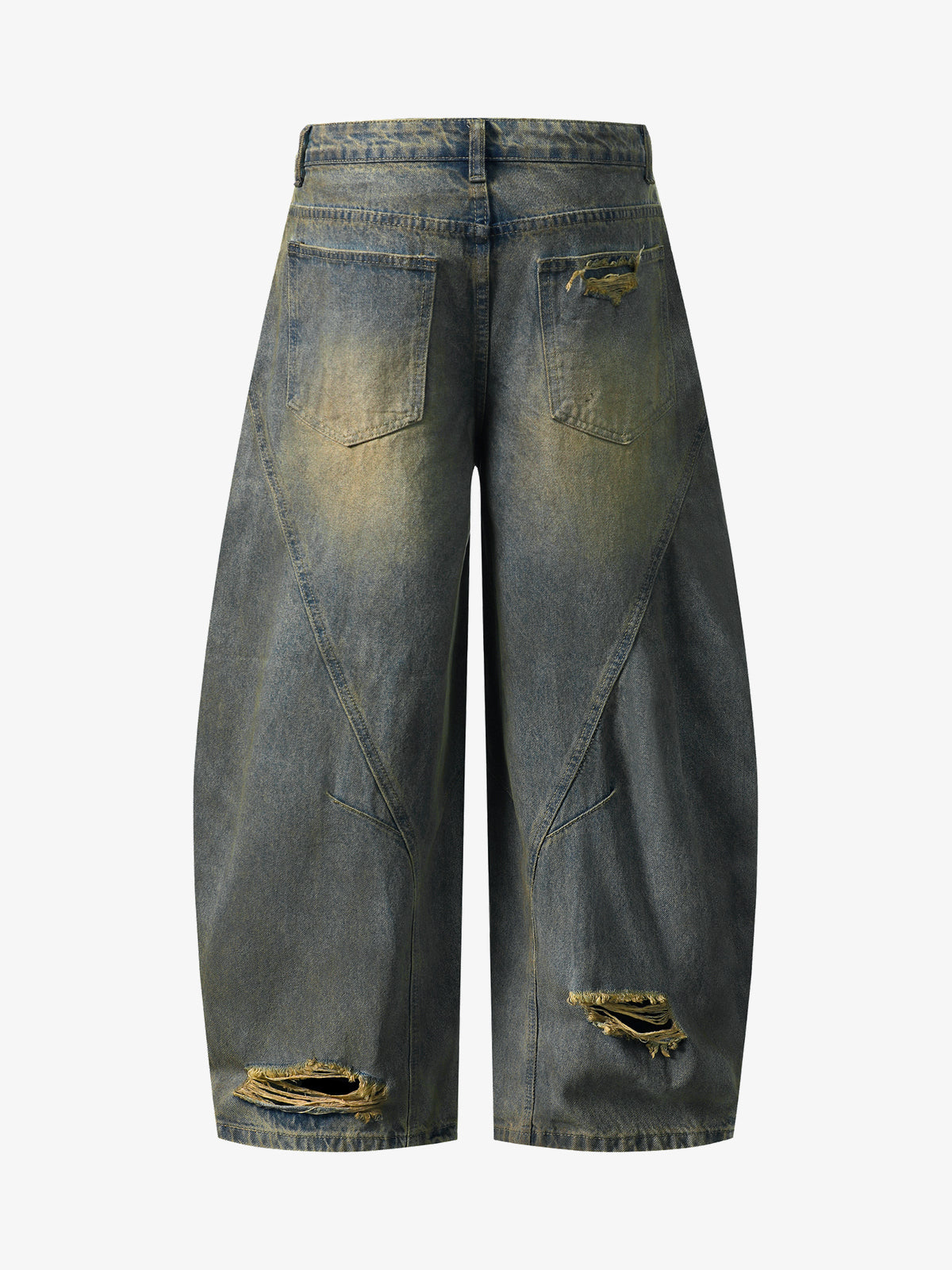 BLACK FOG DISTRESSED WASHED WIDE LEG JEANS; Blue; back view