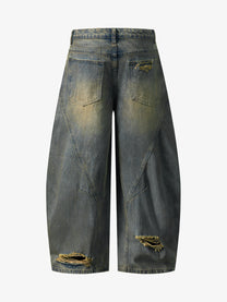BLACK FOG DISTRESSED WASHED WIDE LEG JEANS; Blue; back view