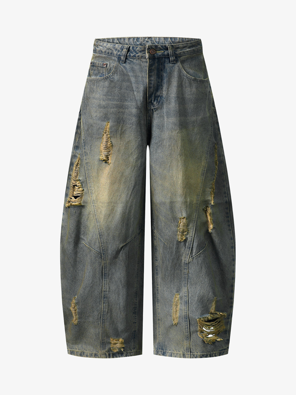 BLACK FOG DISTRESSED WASHED WIDE LEG JEANS; Blue; front view