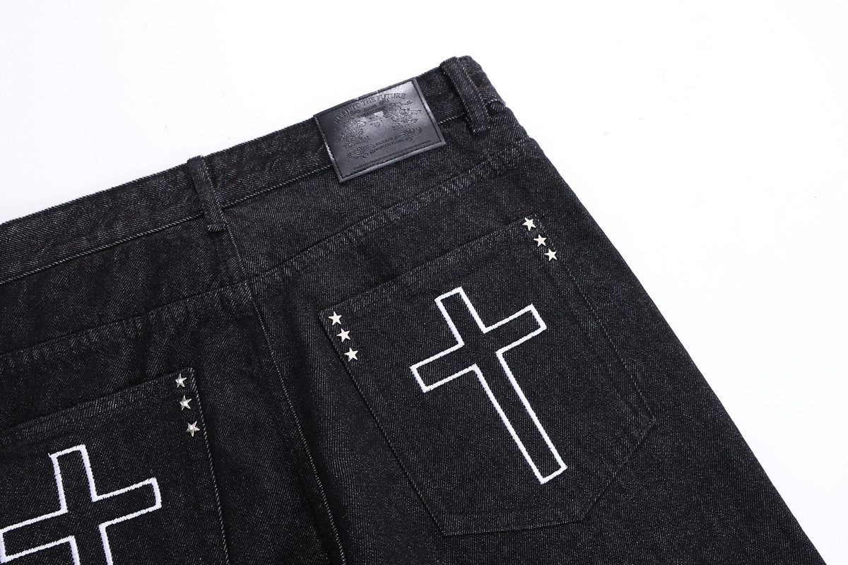 BLANKIN CROSS STITCH FLARED JEANS; Black; design detail