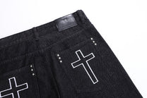 BLANKIN CROSS STITCH FLARED JEANS; Black; design detail