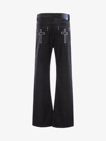 BLANKIN CROSS STITCH FLARED JEANS; Black; back view