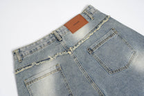 BOSOZO DISTRESSED PATCHWORK WIDE LEG JEANS; Blue; garment construction detail