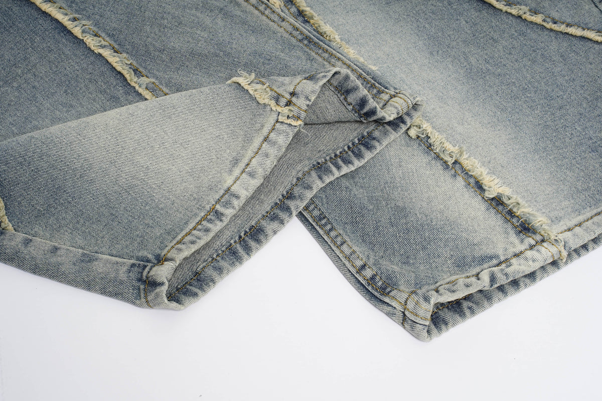 BOSOZO DISTRESSED PATCHWORK WIDE LEG JEANS; Blue; garment construction detail