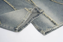 BOSOZO DISTRESSED PATCHWORK WIDE LEG JEANS; Blue; garment construction detail