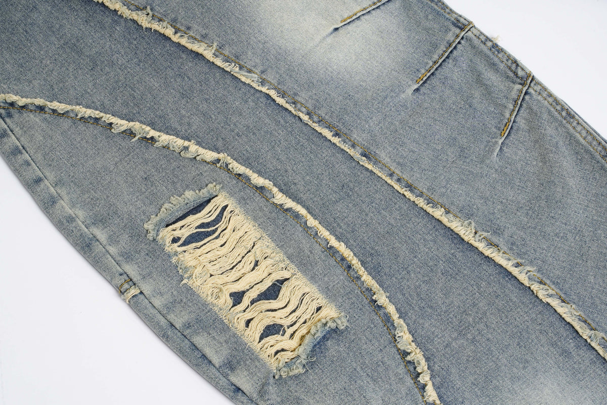 BOSOZO DISTRESSED PATCHWORK WIDE LEG JEANS; Blue; garment construction detail