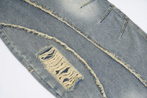 BOSOZO DISTRESSED PATCHWORK WIDE LEG JEANS; Blue; garment construction detail