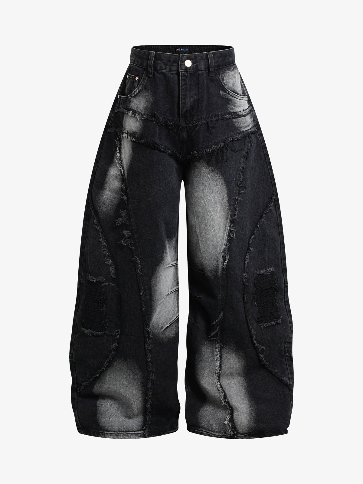 BOSOZO DISTRESSED PATCHWORK WIDE LEG JEANS; Black; front view