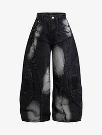 BOSOZO DISTRESSED PATCHWORK WIDE LEG JEANS; Black; front view