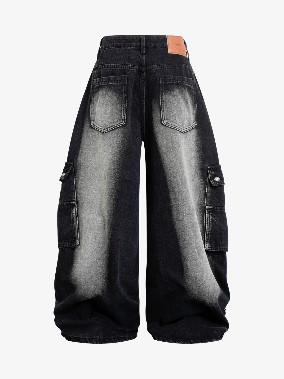BOSOZO OVERSIZED CARGO POCKET JEANS; Black; back view