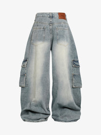 BOSOZO OVERSIZED CARGO POCKET JEANS; Blue; back view