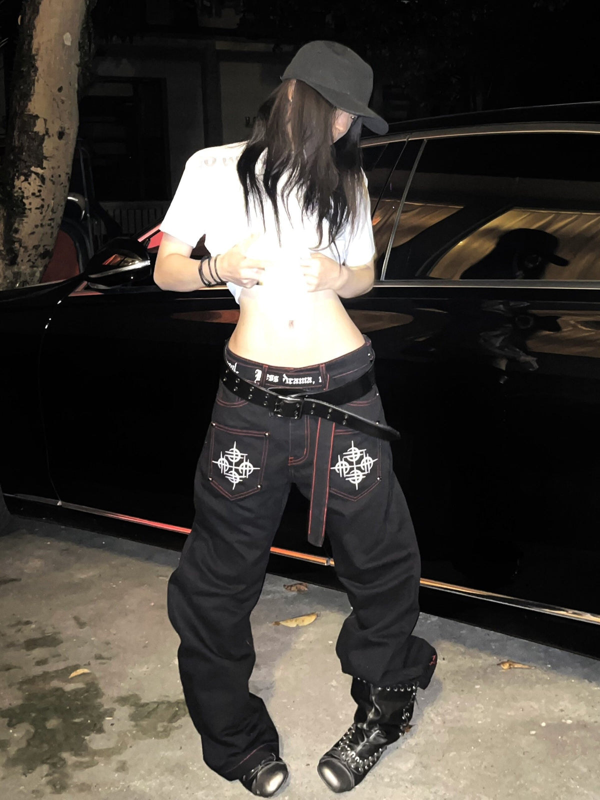DETW GRAPHIC PATCH POCKET JEANS; Black; model view