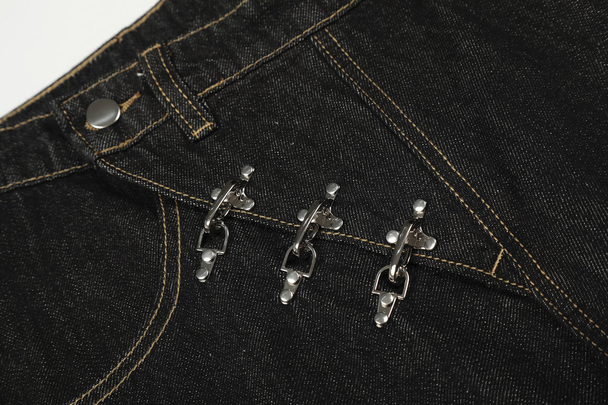 EVIL ENEMY FIREMAN CLASP JEANS; Black; garment construction detail