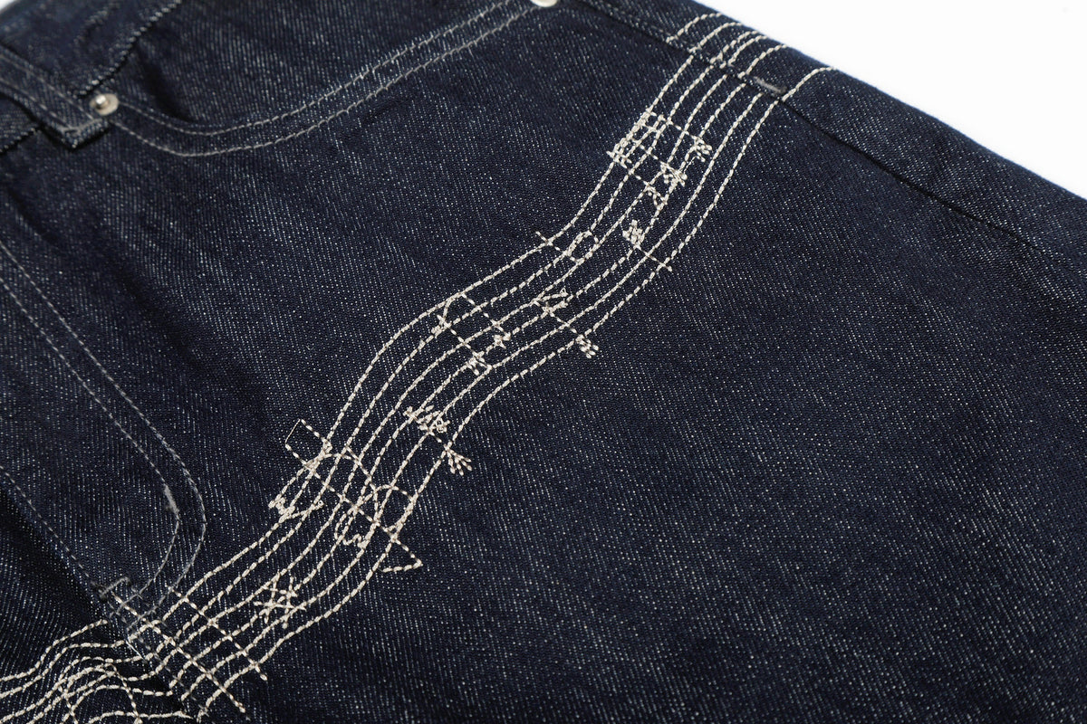 EVIL ENEMY CONTRAST BACK STITCH JEANS; Blue; design detail