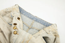EVIL ENEMY DISTRESSED RIPPED WHITE JEANS; Cream; garment construction detail