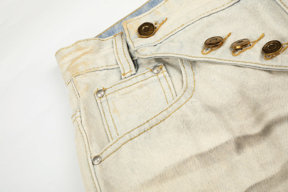EVIL ENEMY DISTRESSED RIPPED WHITE JEANS; Cream; garment construction detail
